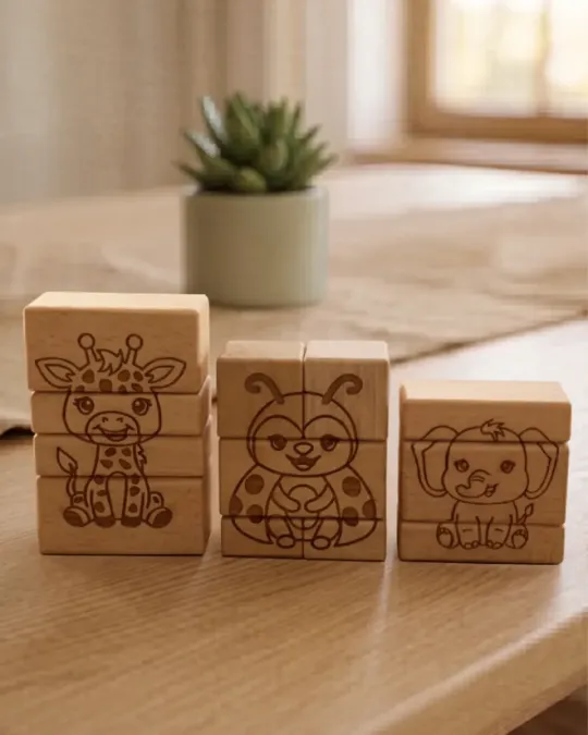 3 Tiermotive mit 12  Holzkötzen